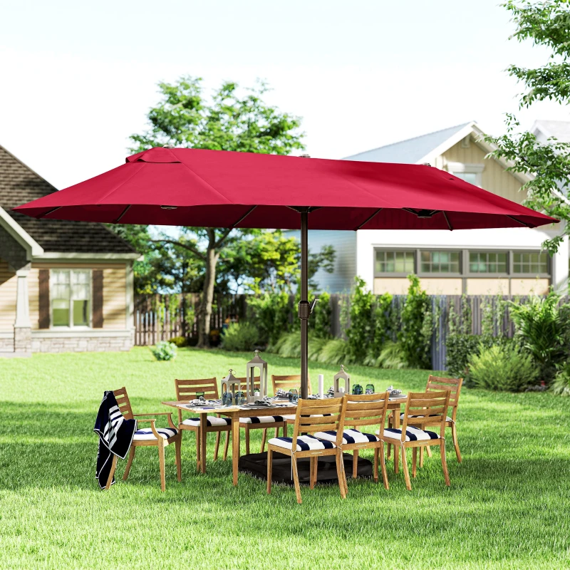 Outsunny Ombrellone da Giardino XXL 4,6L x 2,7l x 2,4H cm con Base a Croce, Apertura e Chiusura con Manovella, Acciaio e Poliestere ad Alta Densità, Rosso Bordeaux