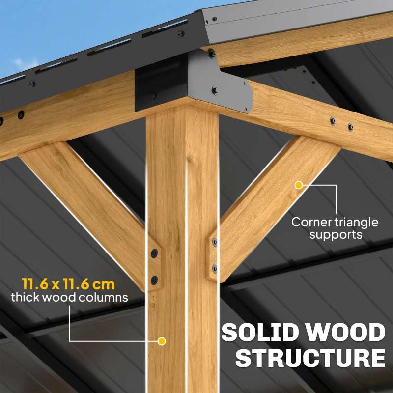 Outsunny 3.5 x 4 m Hardtop Gazebo Canopy with Galvanised Metal Roof, Fir Wood Frame and Hook for Patio, Garden, Black Grey