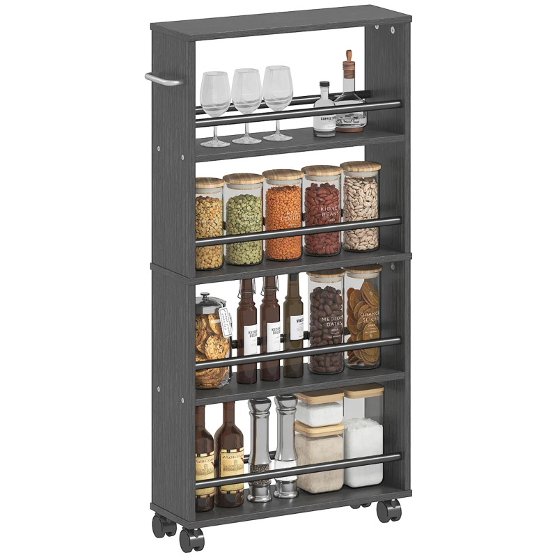 HOMCOM Multifunktionsregal mit Rollen, schmale Bauweise, 4 Fächer, 45x15x91 cm, Schwarz