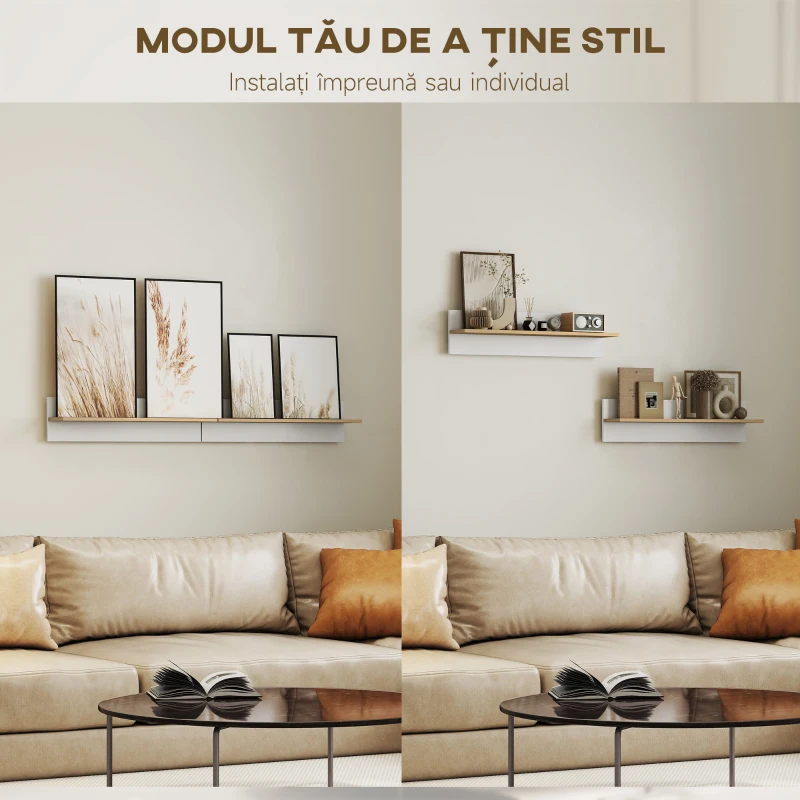 HOMCOM Set 2 Rafturi de Perete pentru Casă și Birou, Rafturi din Lemn pentru Bucătărie și Living, 80x16.5x20 cm, Alb și Lemn Natural