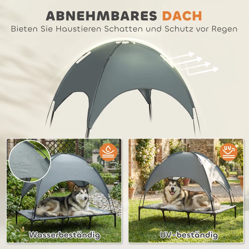 PawHut Erhöhtes Hundebett mit Baldachin, Haustierbett, Hundeliege outdoor mit Dach, Atmungsaktiv, Taftstoff für Camping Grau 122 x 92 x 108 cm