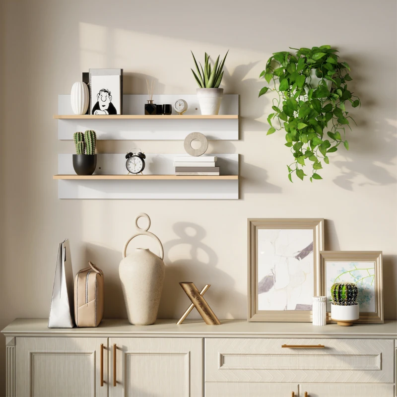 HOMCOM Set 2 Rafturi de Perete pentru Casă și Birou, Rafturi din Lemn pentru Bucătărie și Living, 80x16.5x20 cm, Alb și Lemn Natural