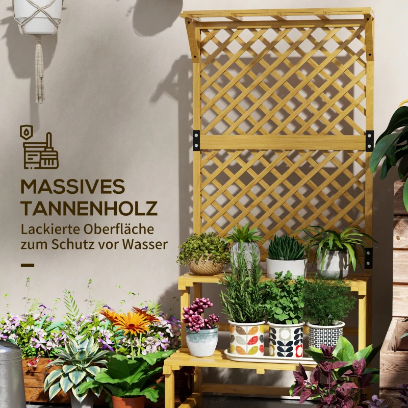 Outsunny Pflanzenständer, Blumenregal, 2 Etagen, mit Spalier & Dach, Tannenholz, 75x50x166cm, Gelb