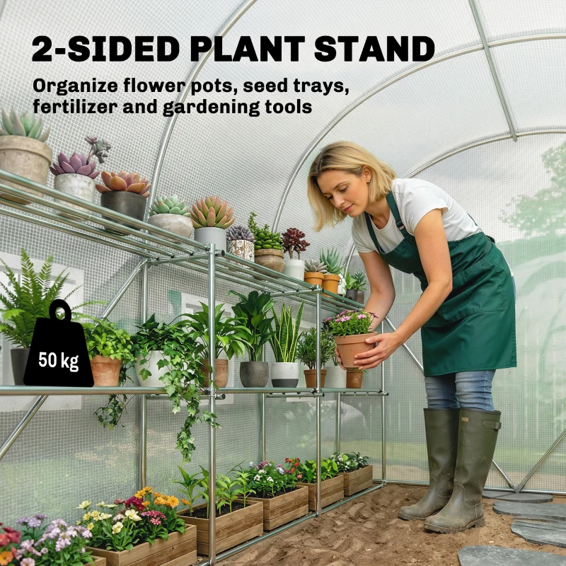 Outsunny Kweekkas 2,7 x 2 x 2 m foliekas met planken, oprolbare ritsdeur, 6 gaasvensters, steunbalken