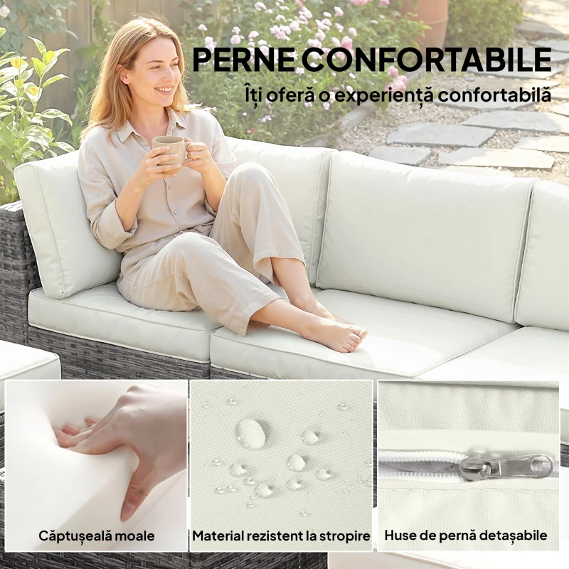 Outsunny Set Mobilier de Grădină din Ratan, 6 Piese, Fotoliu Colțar, Canapele fără Brațe, Suporturi pentru Picioare și Măsuță, Gri Amestecat