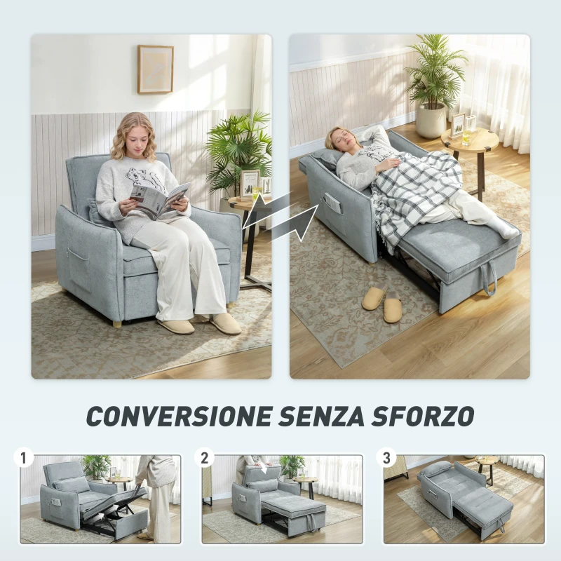 HOMCOM Poltrona Letto 3 in 1 con Schienale Reclinabile e Cuscino, Rivestimento in Ciniglia, 88x84x87 cm, Grigio