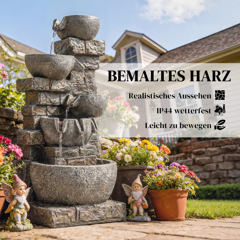 Outsunny Springbrunnen Outdoor aus Kunstharz fünfstöckig Gartenbrunnen mit LED Beleuchtung Pumpe Steinoptik 34 x 36 x 80 cm