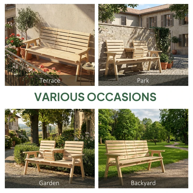 Outsunny Fir Wood Convertible 2 to 3 Seater Outdoor Garden Bench, Natural Wood Finish