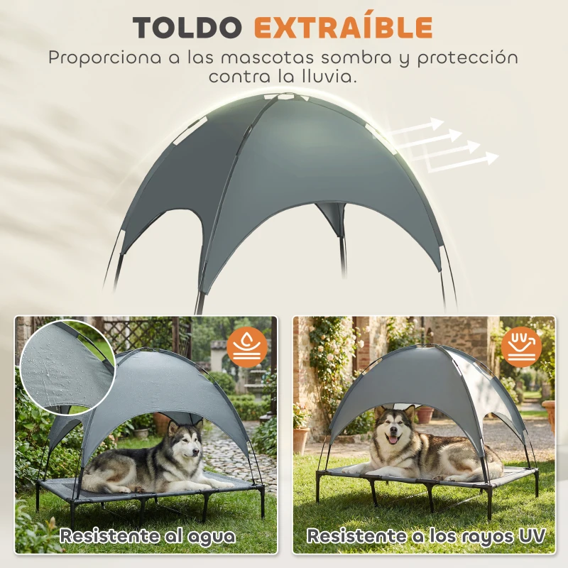 PawHut Cama Elevada para Mascotas Portátil con Toldo Extraíble Tela Transpirable al Aire Libre para Interior y Exterior 122x92x108 cm Gris