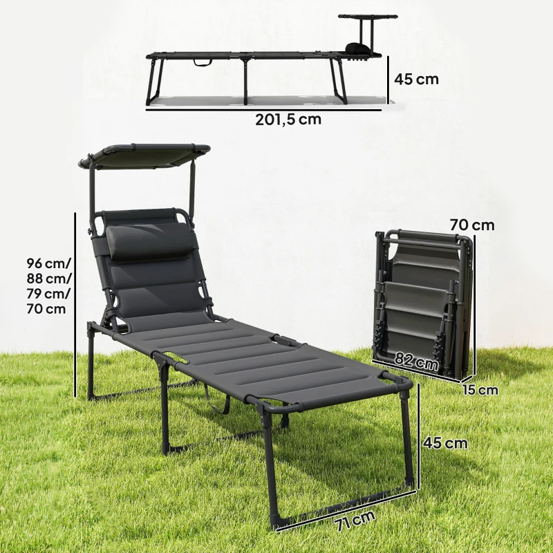 Outsunny Espreguiçadeira dobrável com toldo, apoio de cabeça reclinável em tecido Oxford 70 x 200 x 45 cm, preto
