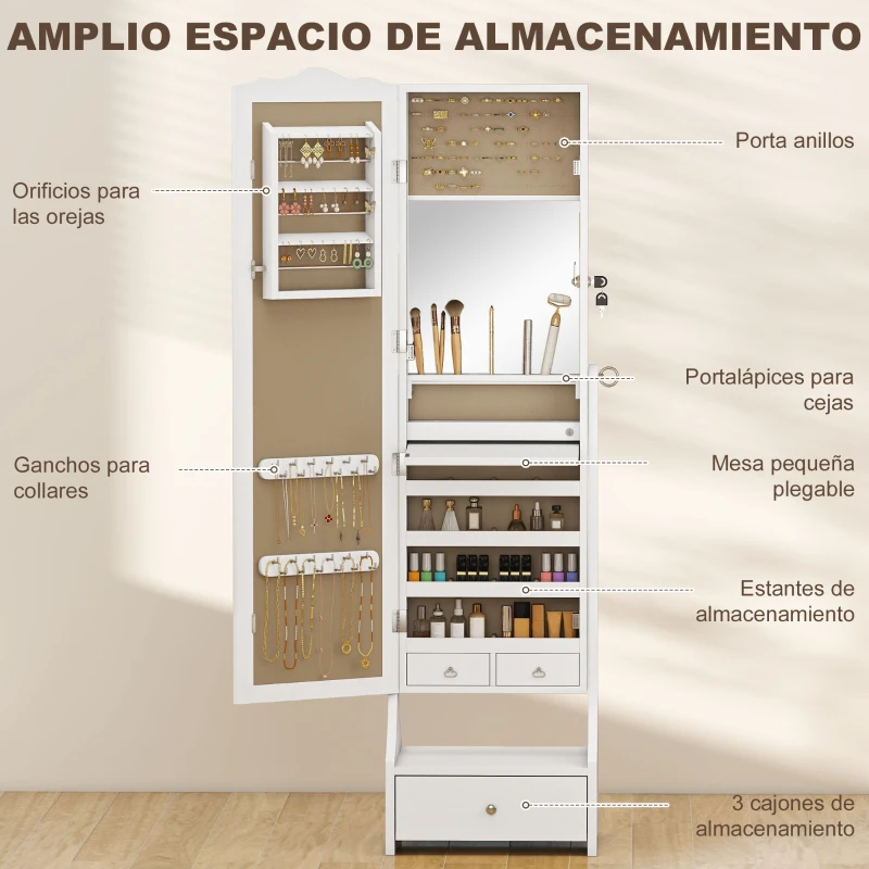 HOMCOM Espejo Joyero con Luces LED Armario Joyas con Espejo Entero de Ángulo Ajustable Cajones Mesa Interior Plegable Blanco