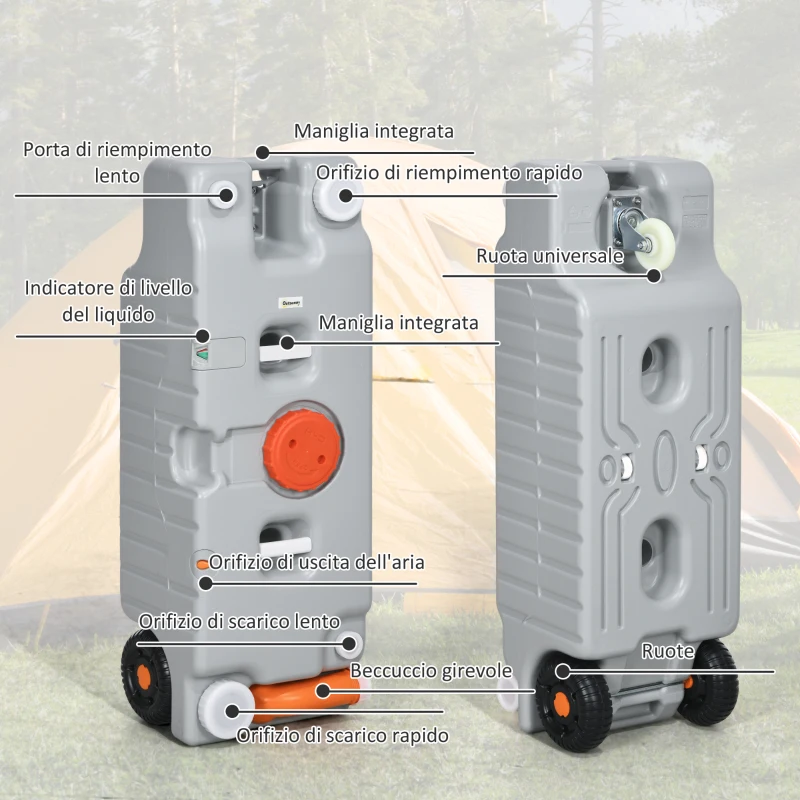 Outsunny Serbatoio d'Acqua Portatile da 75 Litri con Indicatore di Livello, 3 Ruote e Maniglia per Campeggio, Grigio