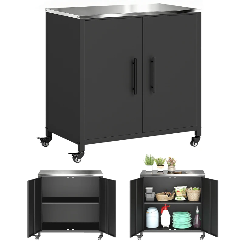 Outsunny Armadio da giardino con piano inox, doppia porta e ruote