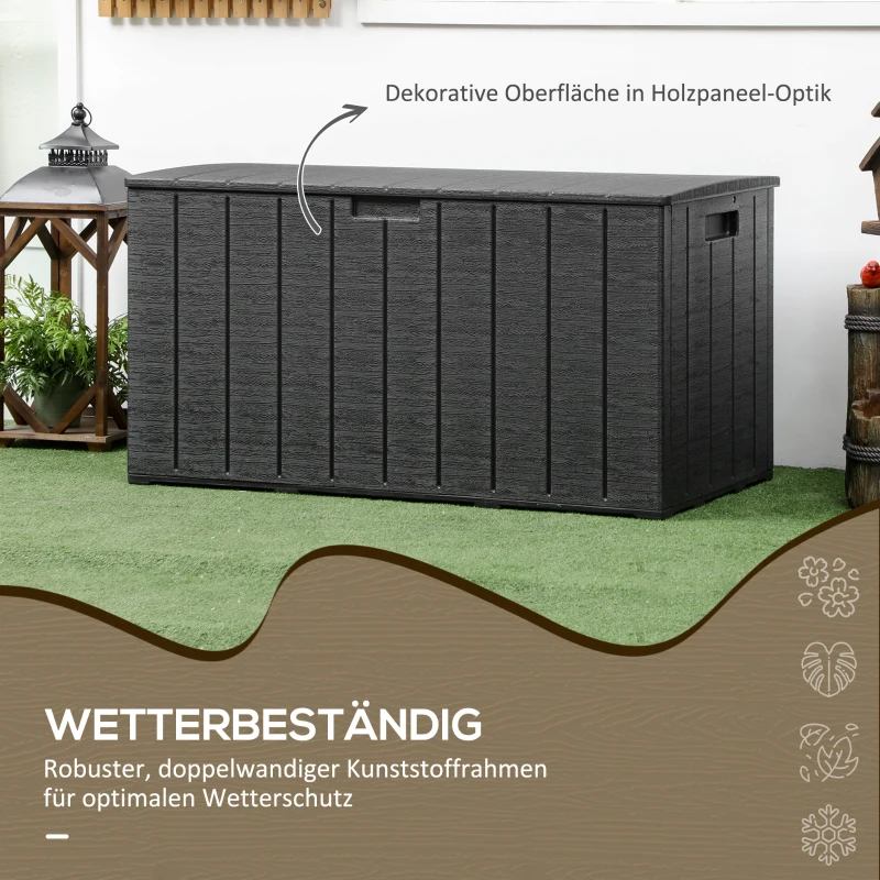 Outsunny Gartenbox 366 Liter aus Kunststoff doppelwandiger Wasserdicht Kissenbox mit Rollen Griffmulden Holzoptik