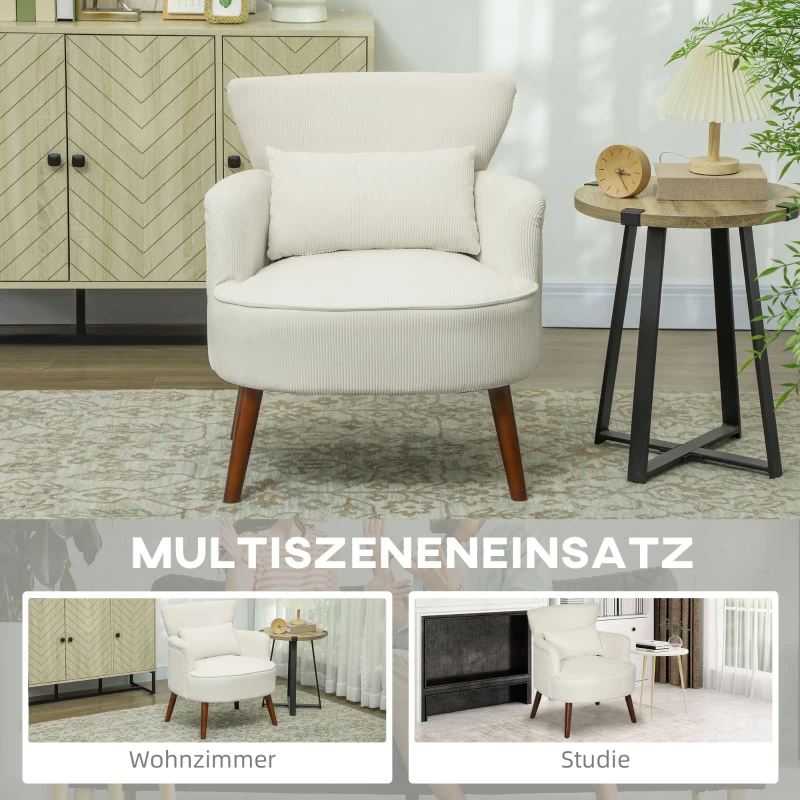 HOMCOM Poltrona Moderna Imbottita con Braccioli, Cuscino Lombare e Gambe in Legno di Gomma, Bianco Crema