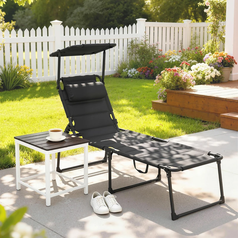 Outsunny Șezlong pliabil cu copertină, pernă pentru cap reglabilă din material Oxford 70 x 200 x 45 cm, negru