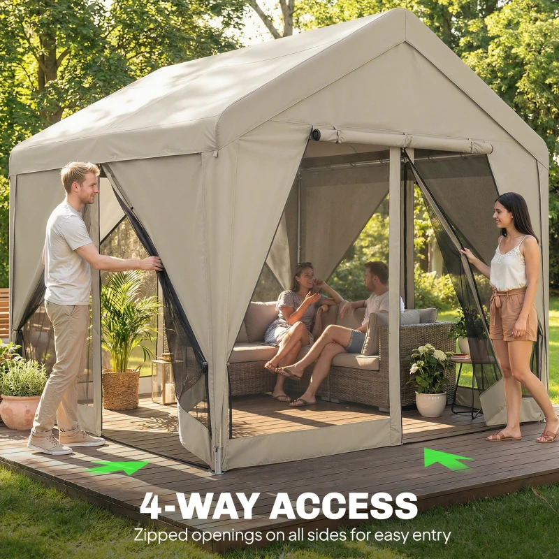 Outsunny 3 x 3 m Patio Gazebo with Netting & Curtains, Outdoor Canopy Shelter with Galvanised Steel Frame, Khaki