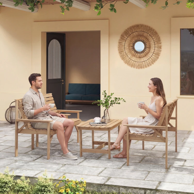 Outsunny 4 Piece Wooden Garden Furniture Set, Outdoor Garden Sofa Set with 2 Armchairs, Loveseat and Coffee Table, Natural Wood