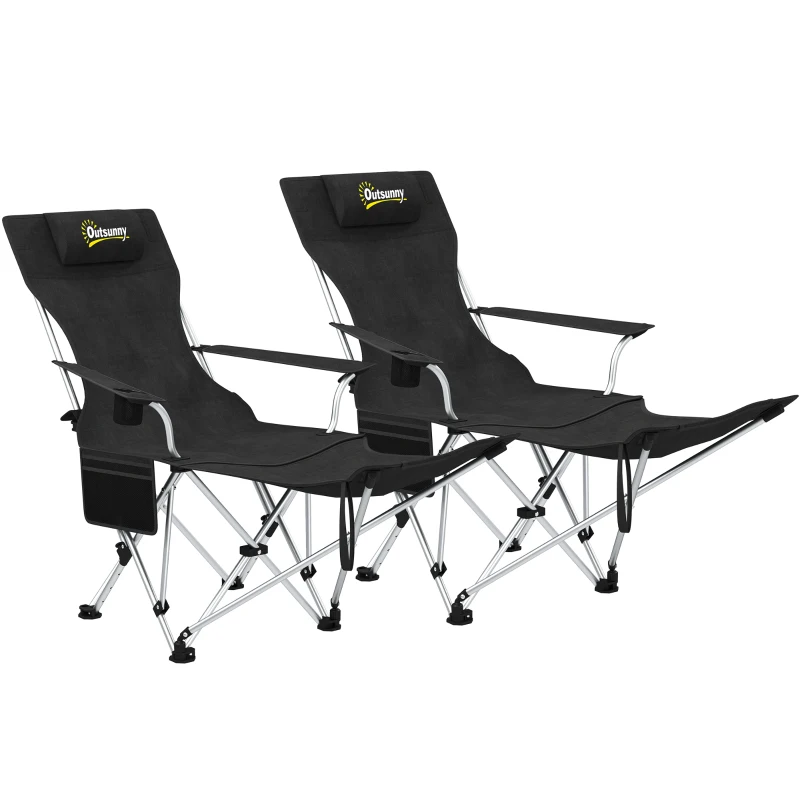 Outsunny Lot de 2 chaises de camping pliante inclinable avec repose-pieds, sac de rangement, porte-gobelet et appui-tête, noir