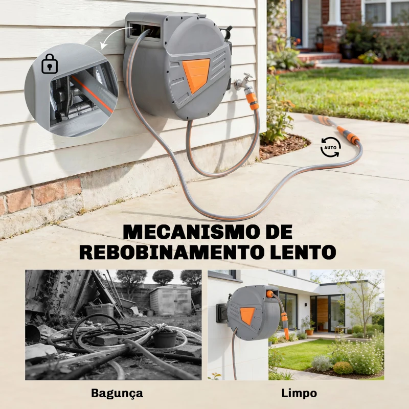 Outsunny Carretel de Mangueira para Jardim 20+1,6 m com Bocal de 2 Modos Bloqueio Automático e Retracção Orientável 180° Laranja