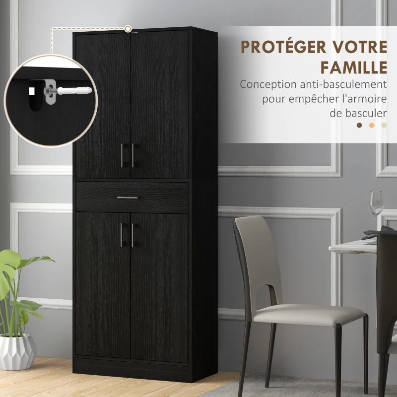 HOMCOM Buffet haut armoire de cuisine 4 portes 2 placards et 1 tiroir central hauteur 180 cm avec 2 étagères réglables noir