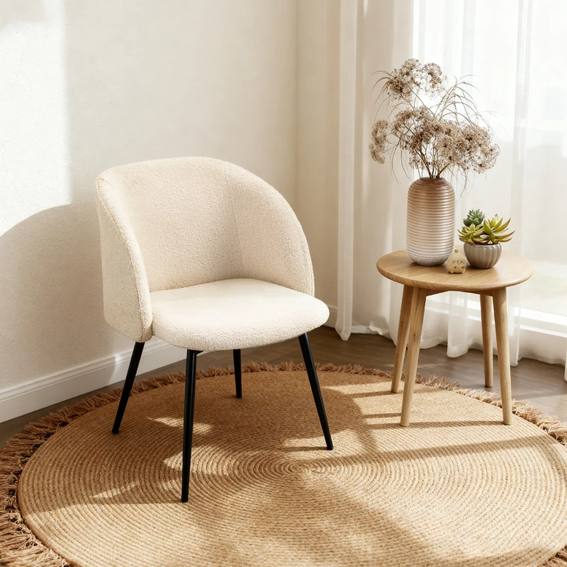 HOMCOM Lot de 2 chaises de salle à manger avec dossier en tissu effet laine boucleé pieds en acier 55 x 62 x 80 cm beige noir