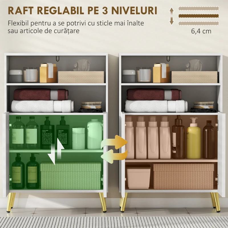 HOMCOM Dulap de Baie cu 2 Rafturi Deschise și Dulap, Dulap Compact cu Uși Amortizate, Raft Reglabil, pentru Bucătărie Living, 60x31.8x93 cm, Alb