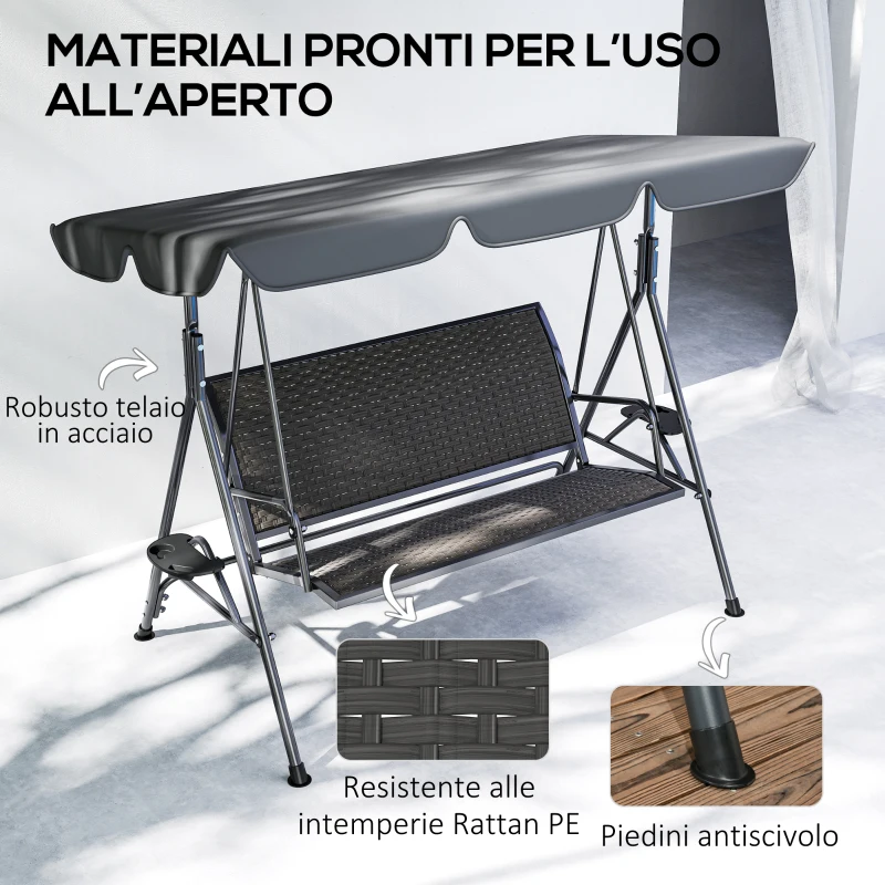 Outsunny Dondolo da Giardino 3 Posti in Rattan PE e Acciaio con Tettuccio e Portabicchieri, 204x112x150 cm, Grigio