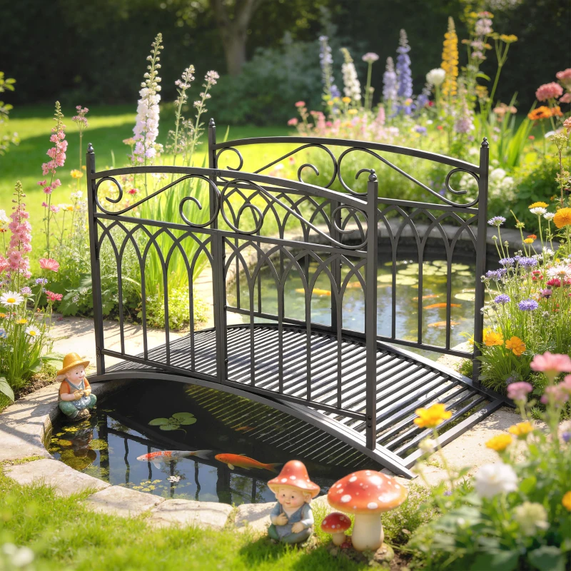 Outsunny Ponte de Jardim em Metal Estilo Barroco Passarela Decorativa com Guarda-Corpos 91cm e Carga 100kg Preto