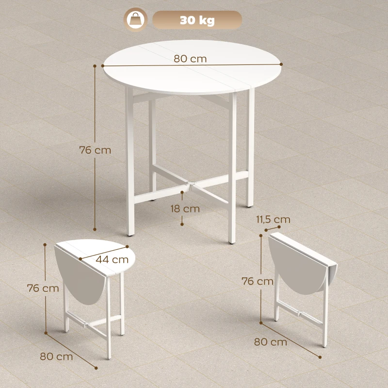 HOMCOM Mesa de jantar dobrável, mesa de cozinha redonda Ø 80 cm para 4 pessoas com 2 abas, pés em aço, branco