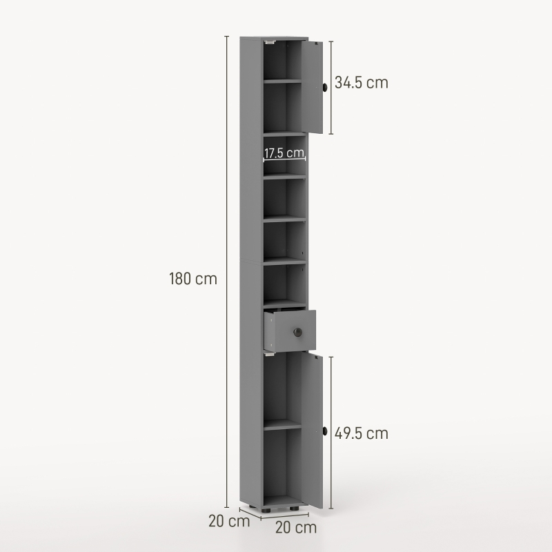 kleankin Mobile bagno a 4 ripiani con cassetto, pannello truciolare e design snello, 20x20x180 cm, Grigio