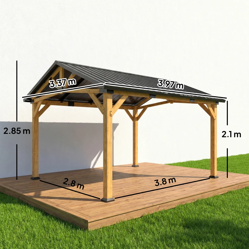 Outsunny 3.5 x 4 m Hardtop Gazebo Canopy with Galvanised Metal Roof, Fir Wood Frame and Hook for Patio, Garden, Black Grey
