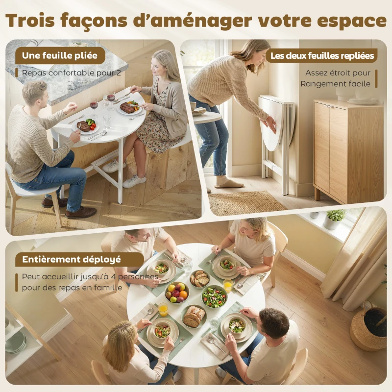 HOMCOM Table à manger pliante, table de cuisine ronde Ø 80 cm pour 4 personnes avec 2 abattants, pieds en acier, blanc