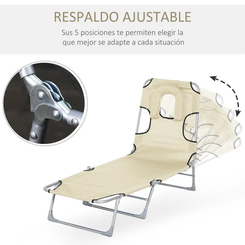 Outsunny Tumbona Reclinable y Plegable de Jardín con Orificio de Lectura Reposacabezas y Respaldo Ajustable en 5 Niveles para Playa 182x56x28 cm Beige