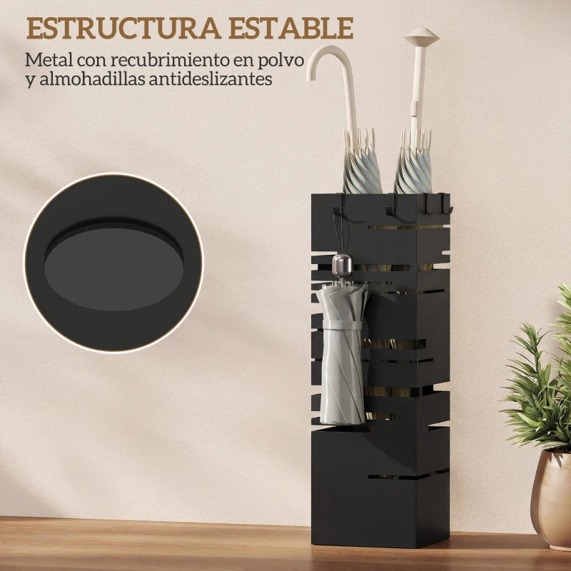 HOMCOM Paragüero Metálico con 4 Ganchos y Bandeja de Goteo Extraíble para Entrada Oficina 15,5x15,5x49 cm Negro