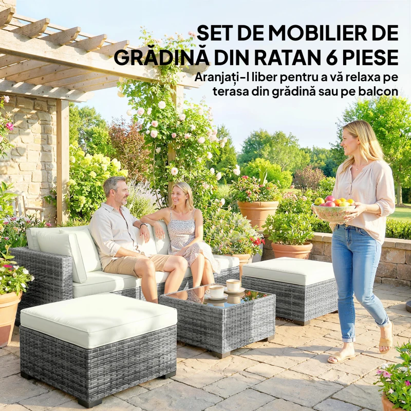 Outsunny Set Mobilier de Grădină din Ratan, 6 Piese, Fotoliu Colțar, Canapele fără Brațe, Suporturi pentru Picioare și Măsuță, Gri Amestecat