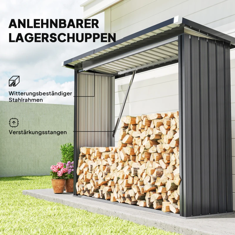 Outsunny Brennholzschuppen, Feuerholzunterstand, Stahl, erhöhter Boden, Schrägdach, 213 x 66,5 x 150 cm, Dunkelgrau(m-4)