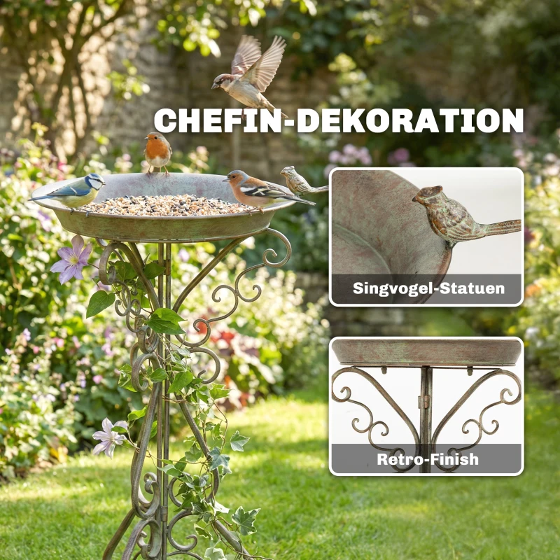 Outsunny Vogelbad mit Vogelstatue und dekorativem Standfuß, Vintage Garten Vogelbad Schale Sockel, Grün