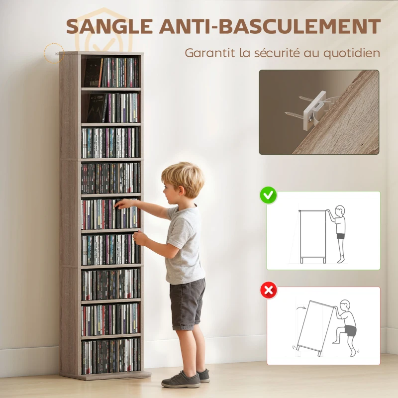 HOMCOM Rangements pour CD et DVD 9 compartiments et 6 étagères réglables capacité max. 260 CD/120 DVD 33 x 24 x 140 cm bois naturel
