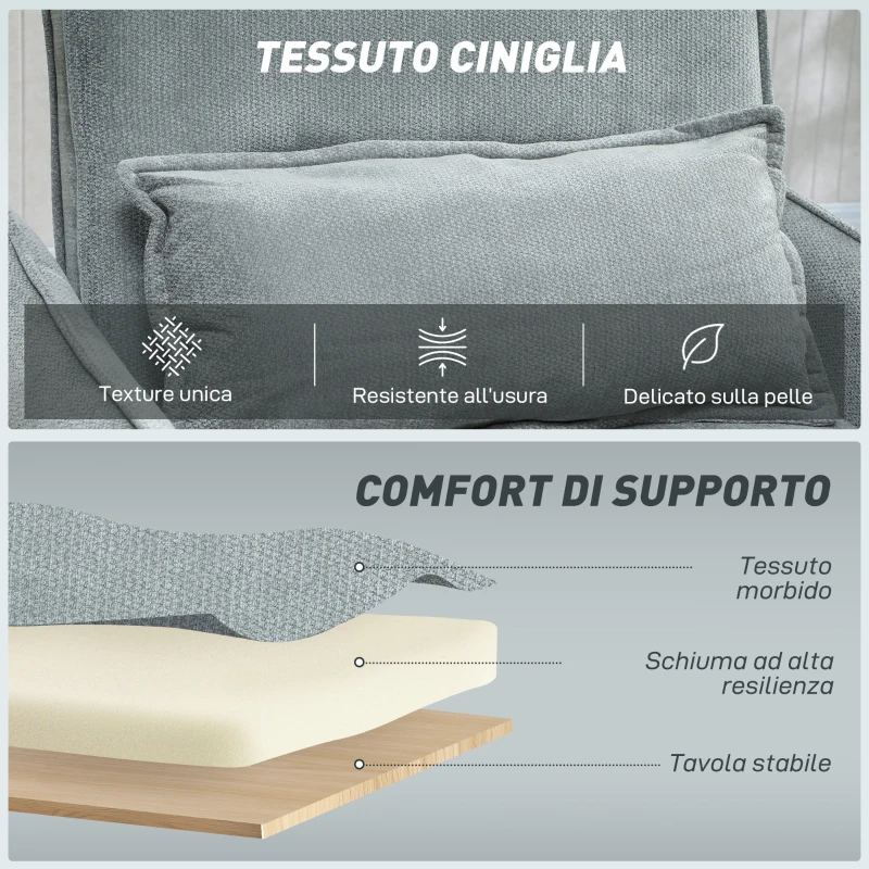 HOMCOM Poltrona Letto 3 in 1 con Schienale Reclinabile e Cuscino, Rivestimento in Ciniglia, 88x84x87 cm, Grigio