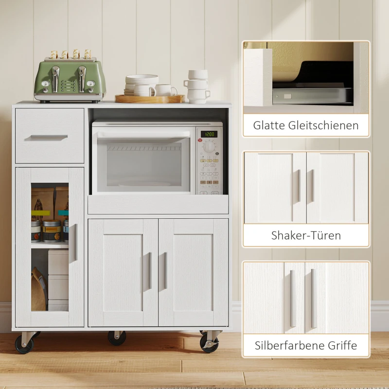 HOMCOM Küchenschrank auf Rädern, Mobile Küchenkommode mit Ablagen, Schubladen, verstellbarem Regal, Kabelloch, Weiß