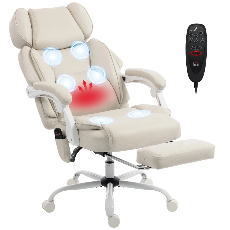 HOMCOM Hochlehner-Bürostuhl mit Vibrationsmassage und Heizung, ergonomisch, neigbar, mit Fußstütze, Cremeweiß