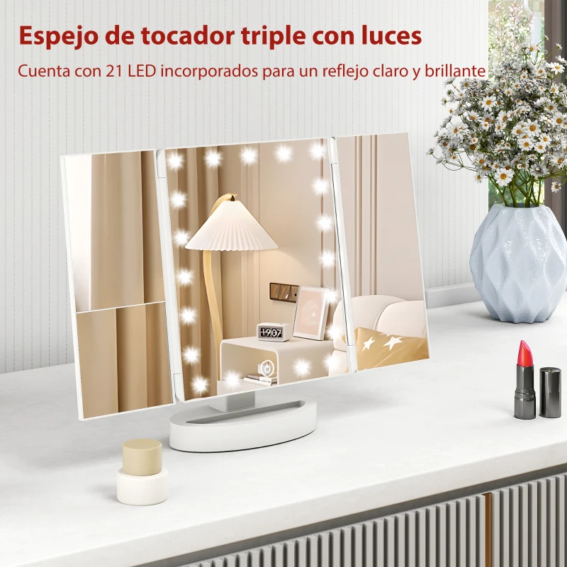 HOMCOM Espejo Maquillaje con Luz Aumento 1X/2X/3X Rotación Libre de 180° 21 Luces LED Interruptor Táctil Blanco