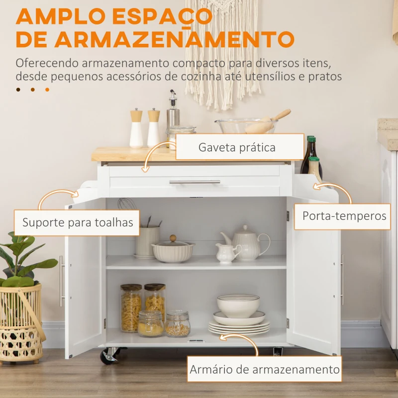 HOMCOM Carrinho de Cozinha com Prateleira Interior Ajustável Gaveta Barra e Suporte para Temperos 109x40x89 cm Branco
