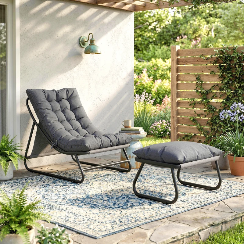 Outsunny Poltrona Lounge para Exterior/Varanda com Pufe, Almofada de 13 cm, Pés Antiderrapantes, Cinza Escuro