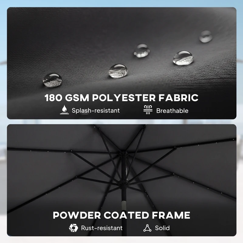 Outsunny 2.6 m Garden Parasol Umbrella with LED Solar Light, Parasol Cover, Outdoor Market Patio Umbrella, Black