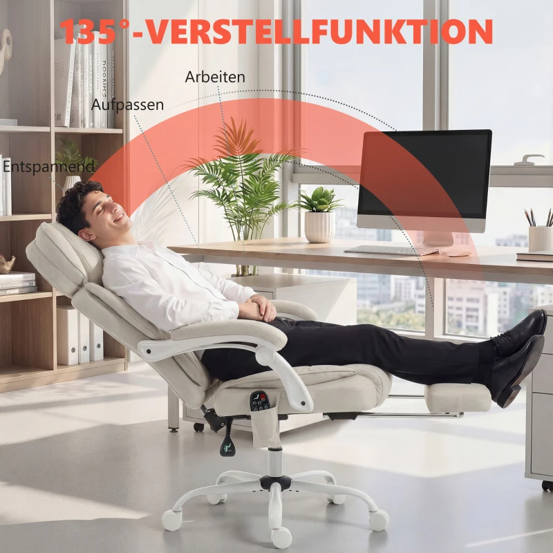 HOMCOM Hochlehner-Bürostuhl mit Vibrationsmassage und Heizung, ergonomisch, neigbar, mit Fußstütze, Cremeweiß