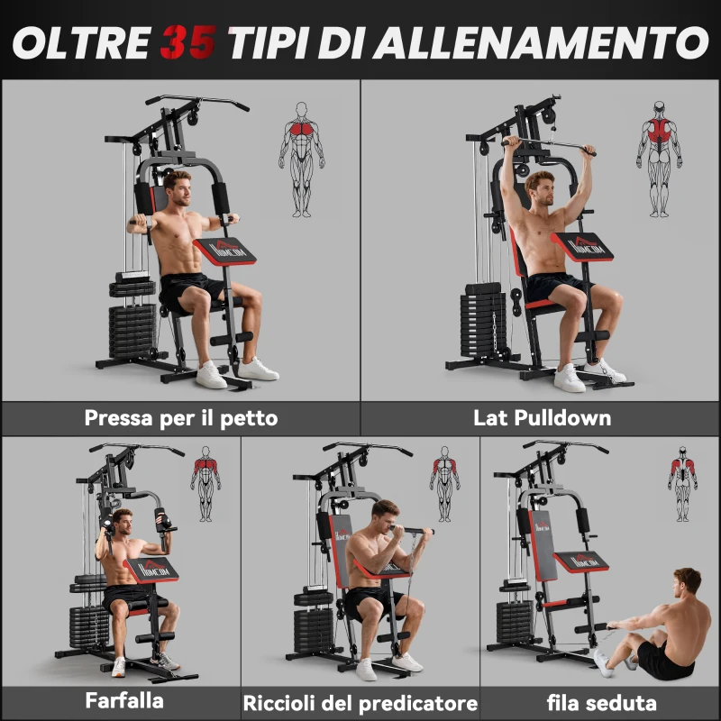 HOMCOM Power Tower Stazione Fitness Pesi 65kg, 135x103x210cm, Nero Rosso