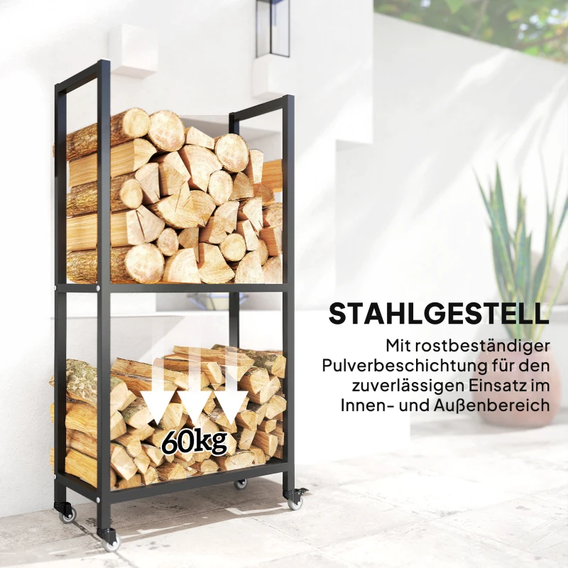 Outsunny Kaminholzregal für innen Stahl 60 x 30 x 119cm 2 Ebenen Brennholzregal mit Rolle Schwarz