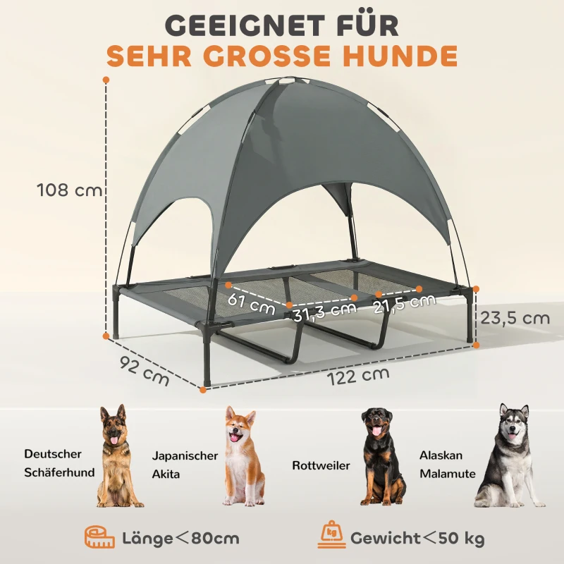PawHut Erhöhtes Hundebett mit Baldachin, Haustierbett, Hundeliege outdoor mit Dach, Atmungsaktiv, Taftstoff für Camping Grau 122 x 92 x 108 cm